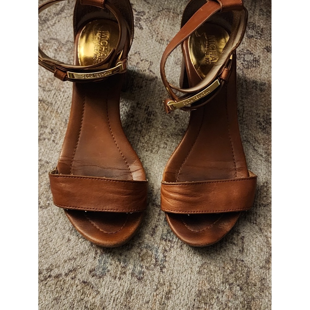 Michael Kors Leather Sandal Ankle Strap Brown Block Chunky Heels 7M - Picture 4 of 9